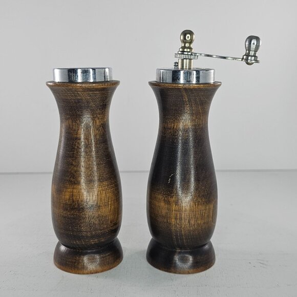 Vintage Catalina Japan Wooden Salt Pepper Grinder Set Metal Accents - Picture 3 of 8